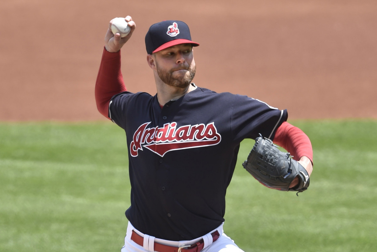 Jun 29, 2017; Cleveland, OH, USA; Cleveland Indians starting pitcher Corey Kluber (28) delivers in the first inning against the Texas Rangers at Progressive Field.